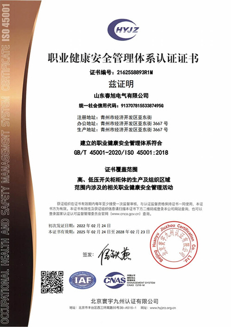 2025春旭职业健康安全管理体系证书中文带标